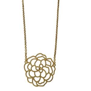 Vintage Gold Tone Necklace Openwork Flower Pendant with Crystal Center 16" Chain